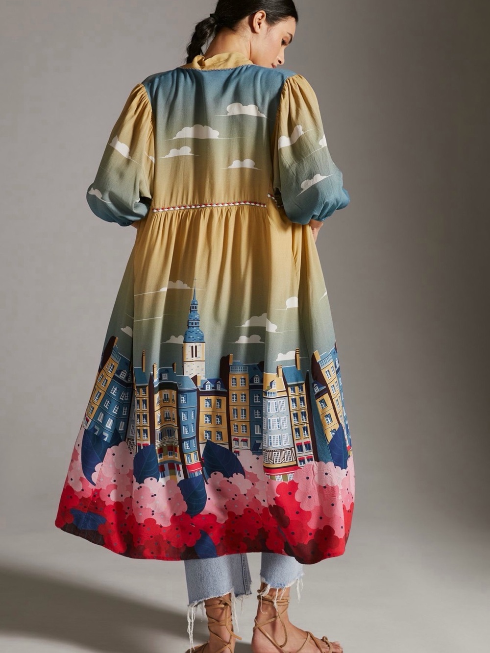 Anthropologie Cityscape Ombre Midi Dress in Yellow, Blue and Pink